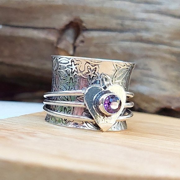 Hand Crafted Jewelry - Solid Sterling Amethyst Heart Tri-Band Spinner Ring
